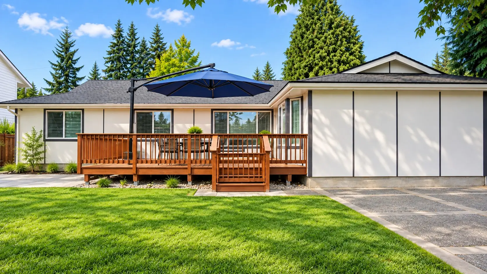 The back of the house with its deck and lawn