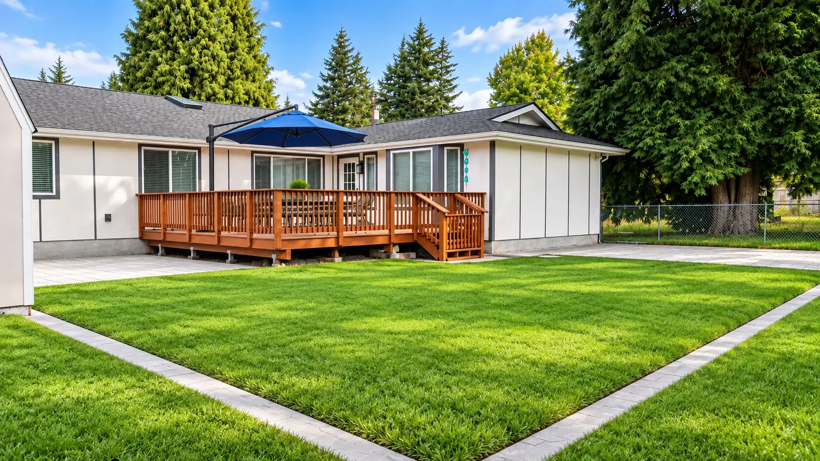 Back deck with a patio umbrella overlooking the lawn