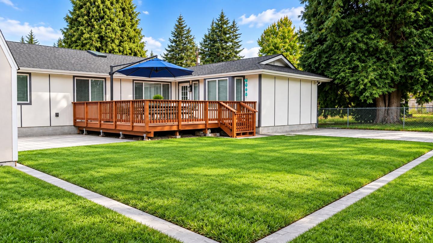Back deck with a patio umbrella overlooking the lawn