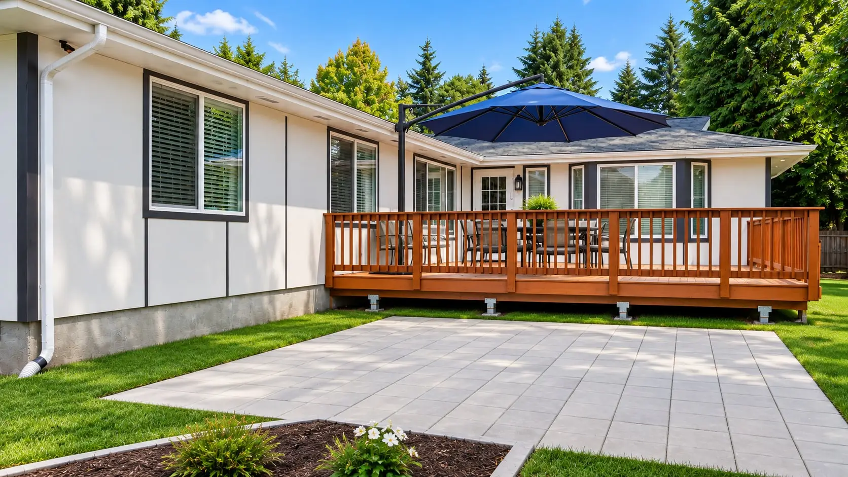 Concrete patio leading to the back deck, with planted beds