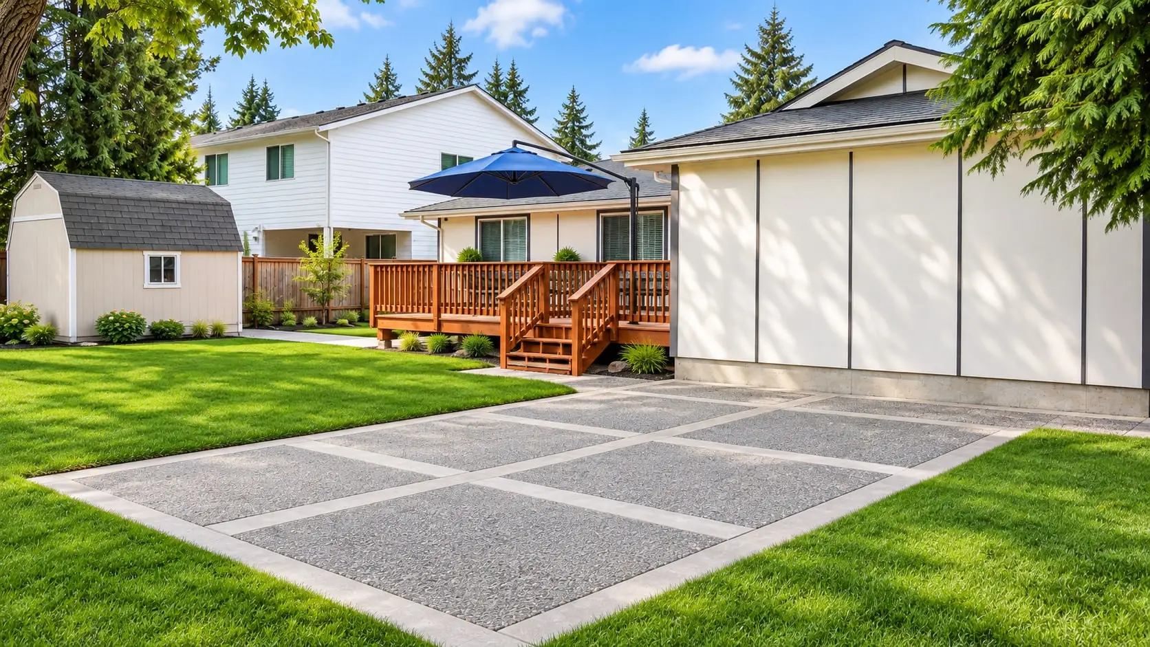 Back patio and lawn with the garden shed and deck
