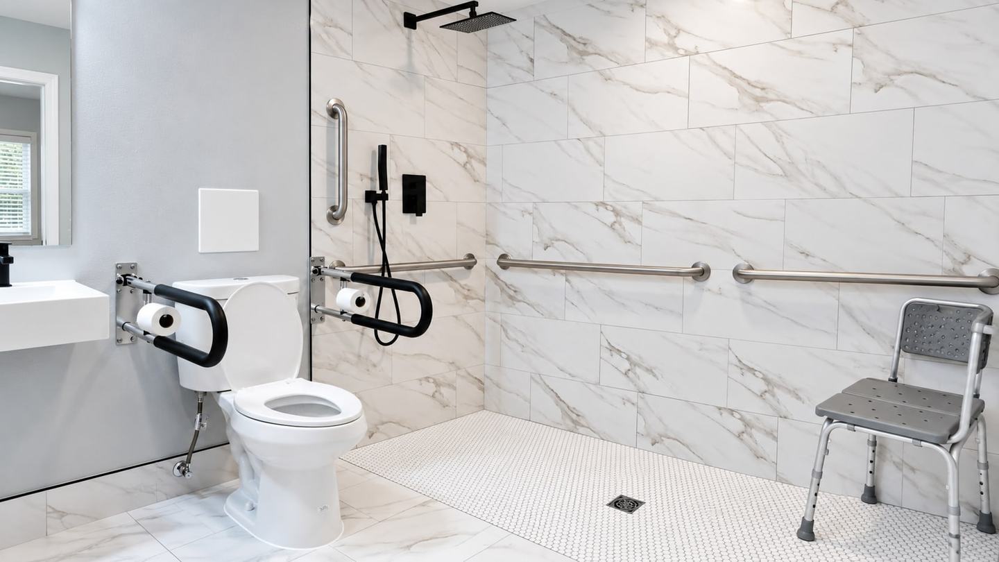 Walk-in shower with grab bars and a shower chair