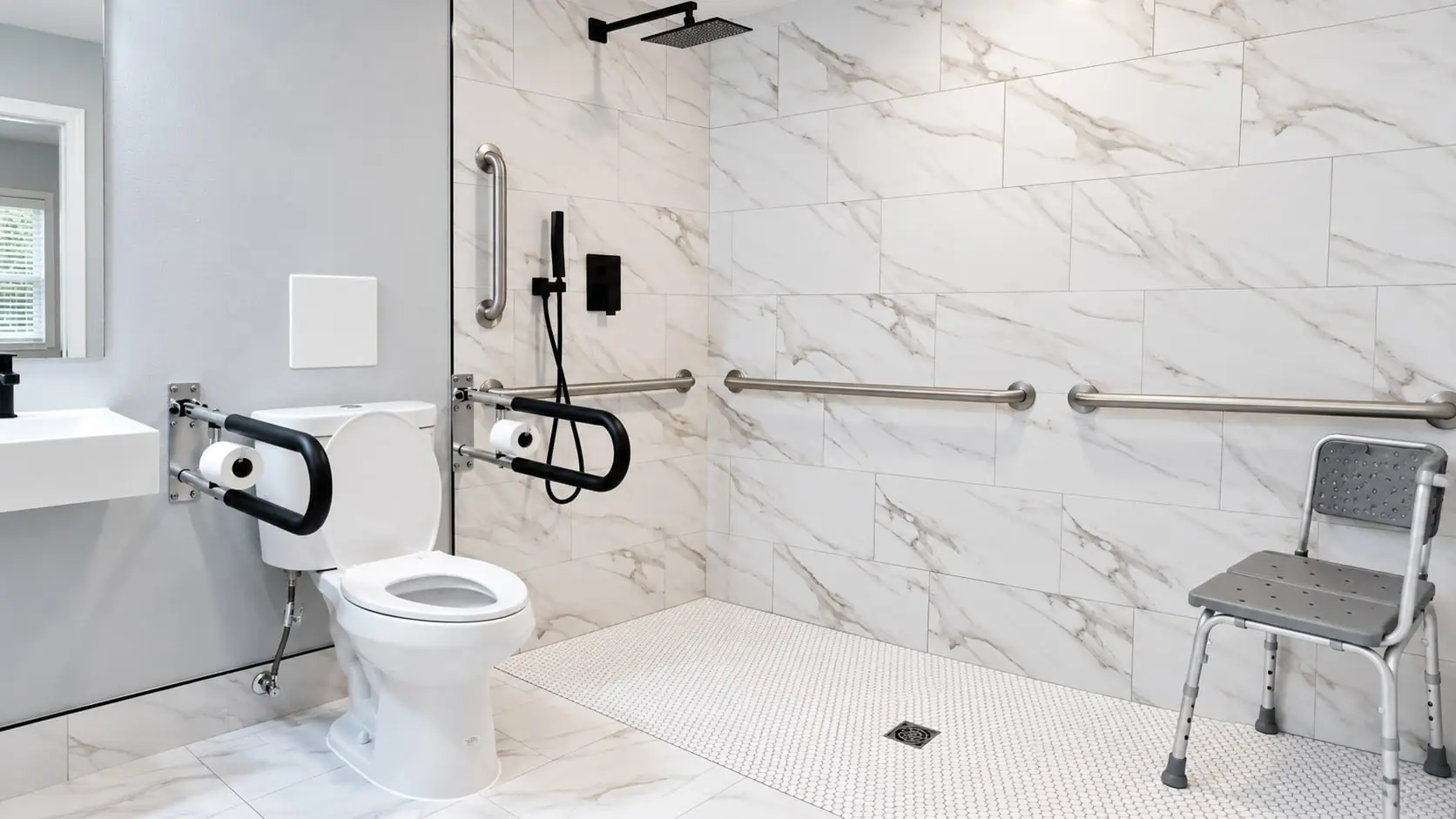 Walk-in shower with grab bars and a shower chair