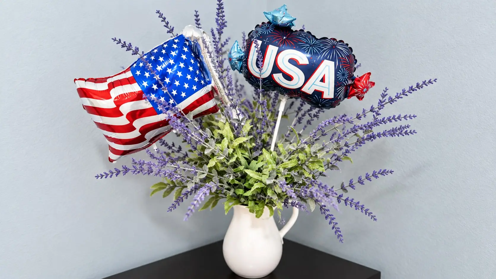 Lavender arrangement in a white pitcher