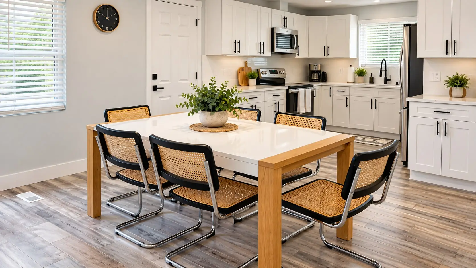 Dining table with a potted plant, with the kitchen beyond