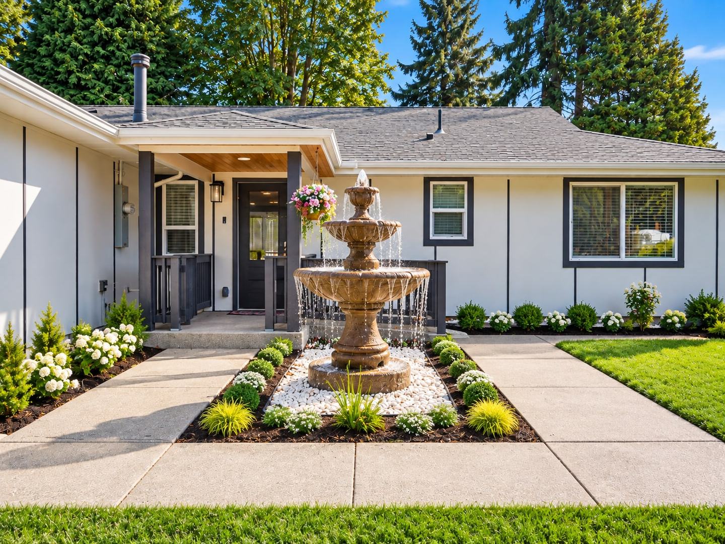 Covered front entry behind a tiered fountain and white flowers