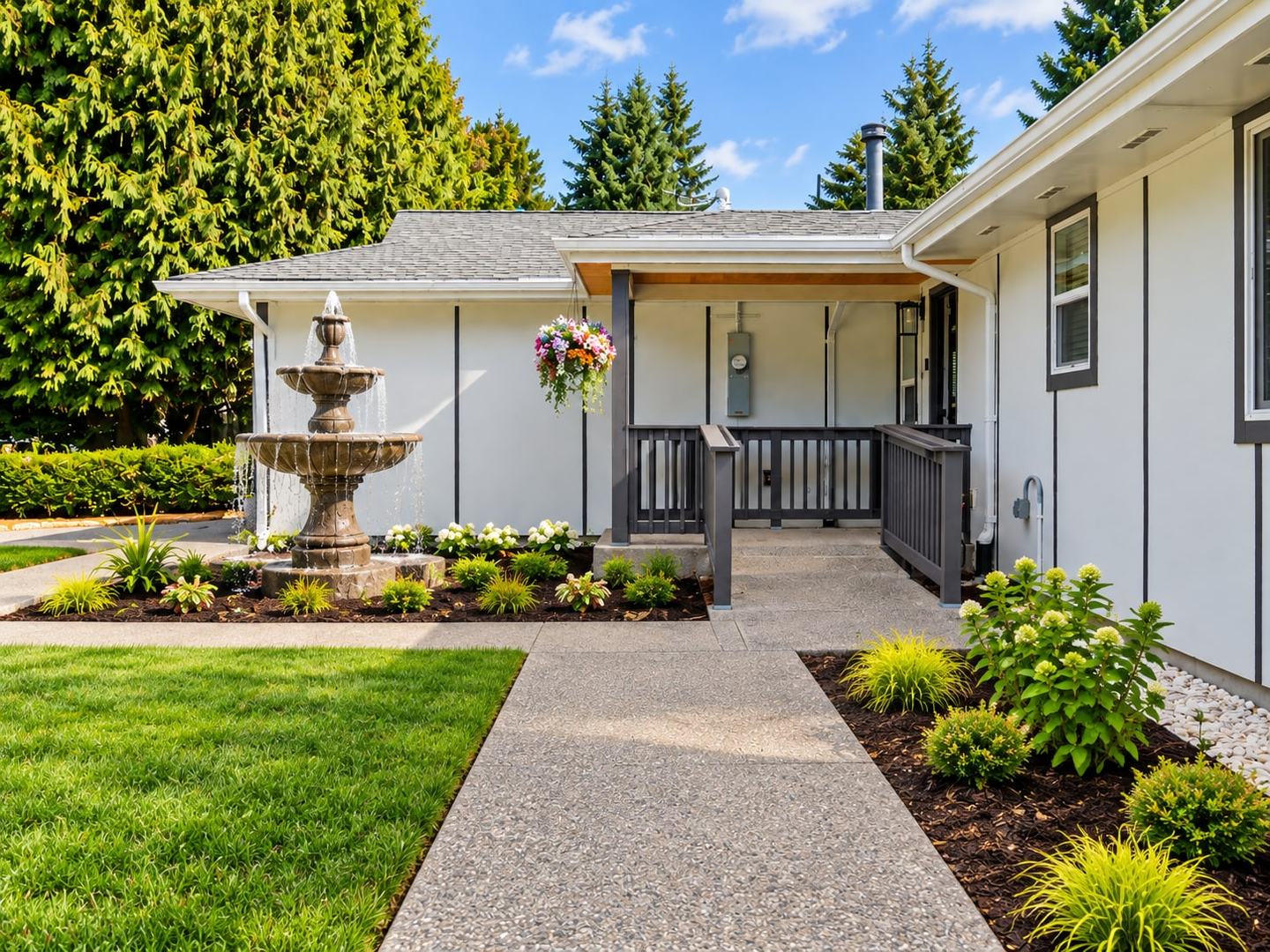 Walkway to the covered front porch past planted beds