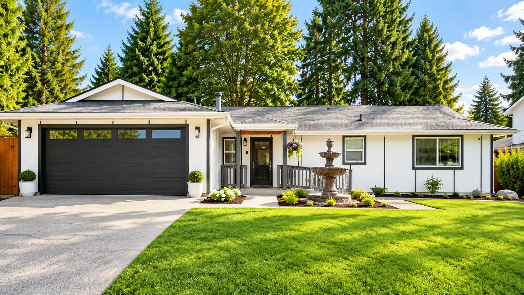 Front of the single-story home with a wide lawn, framed by tall evergreens