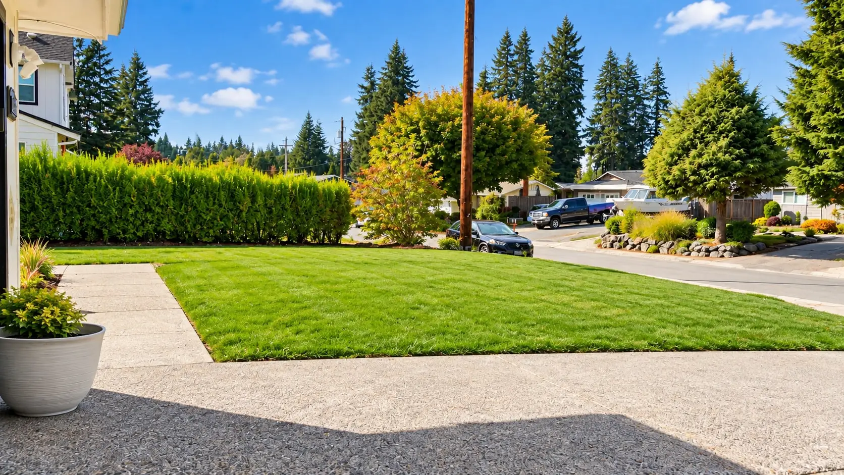 View across the front lawn toward the street
