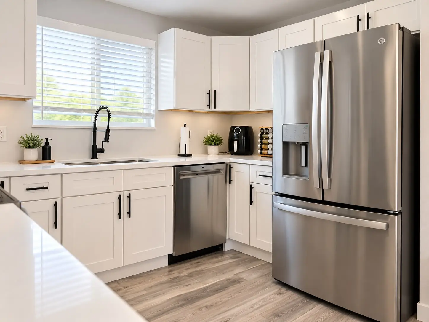 Kitchen counter, sink under a window and a stainless-steel refrigerator