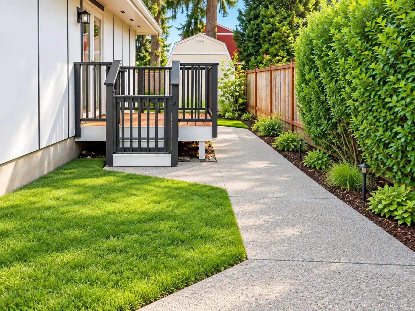 Side path beside the house, lawn and hedge